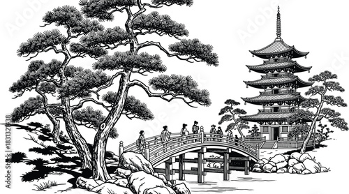 Detailed Japanese Landscape Vector Illustration Featuring Traditional Pagoda, Pine Tree, Arched Bridge, and People for Asian Culture, Travel, Zen, or Historical Content