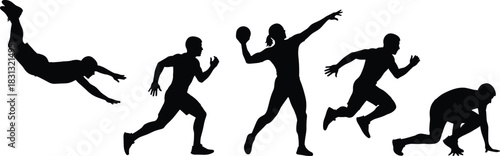 Dynamic athlete silhouette vector illustration showing diverse sports actions including diving, sprinting, throwing, running, and starting positions for fitness, 