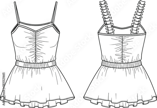 Elegant ruched camisole dress fashion technical sketch with detailed straps, flared hemline, garment construction lines, apparel design template, cad drawing flat vector illustration