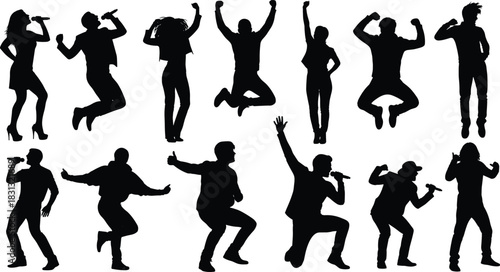 Dynamic silhouettes of singing and dancing performers in energetic concert poses, expressive movement vector illustration ideal for music events, entertainment design, and creative artistic concepts