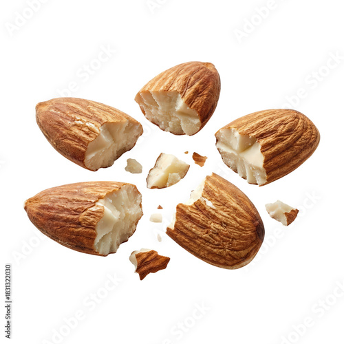 Cracked almonds scattered on transparency background, showcasing their texture and color