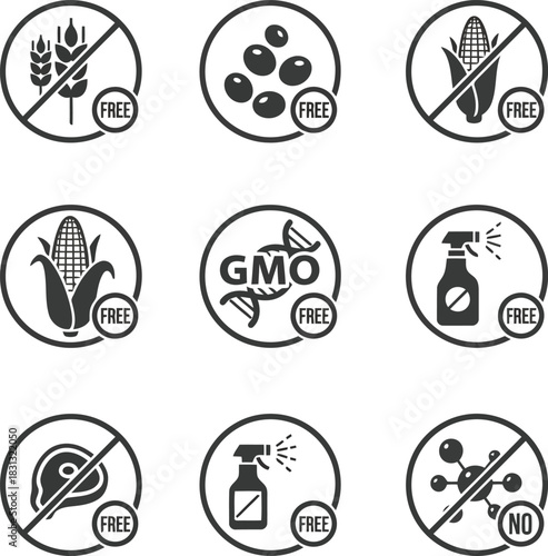 Healthy food icons gluten soy corn gmo preservatives pesticides nitrates free label signs vector