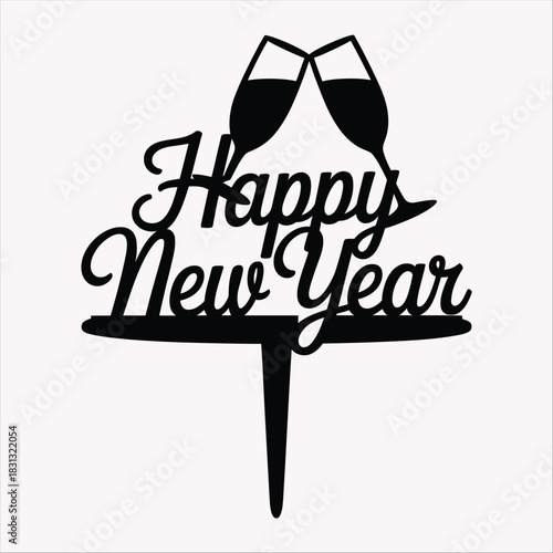 Two champagne flutes are toasted above the words Happy New Year in black