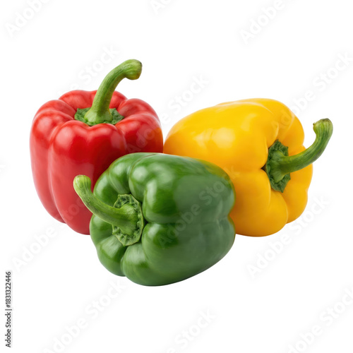 Fresh bell peppers red, green, and yellow colors arranged together, showcasing vibrant hues