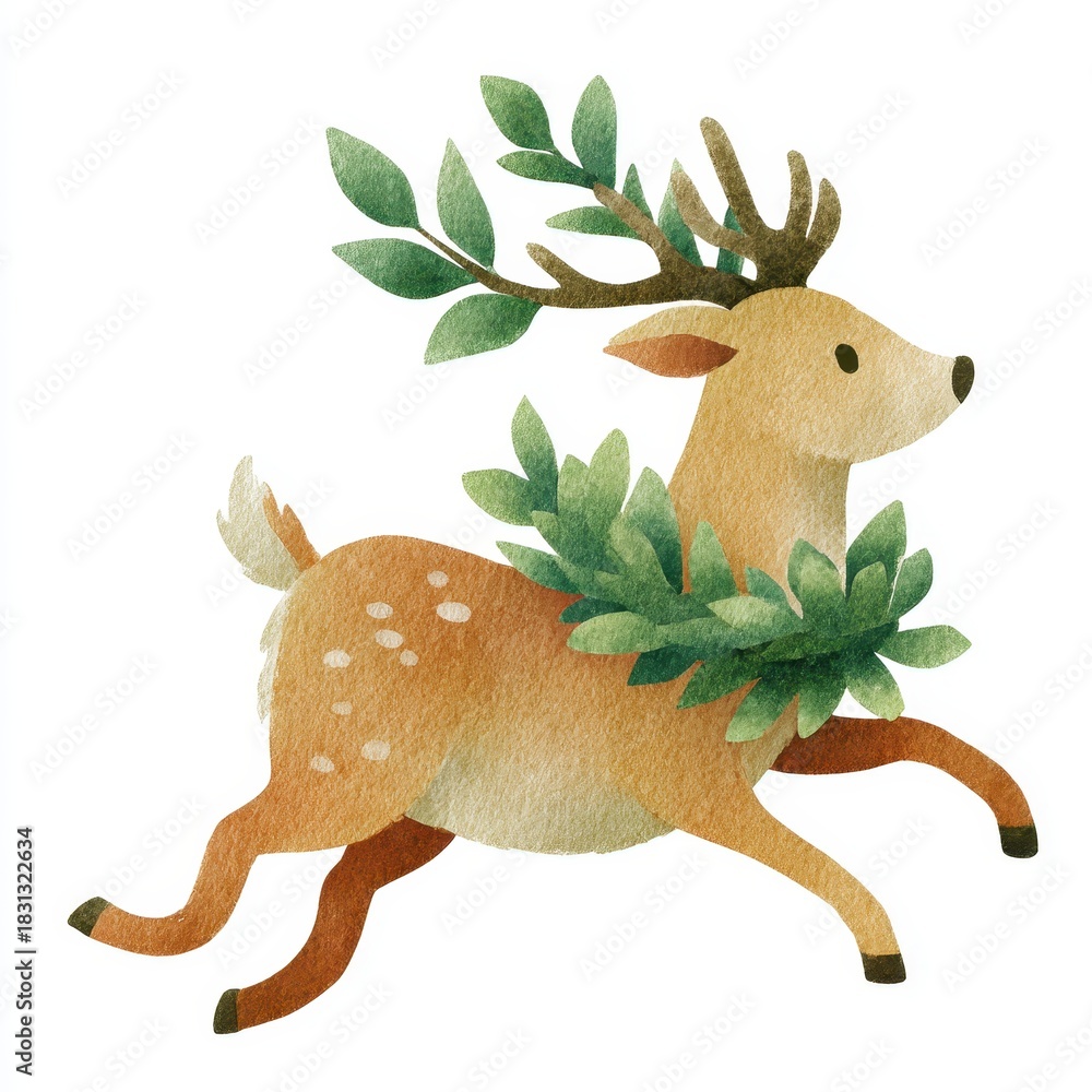 Fototapeta premium Adorable Deer Illustration with Green Foliage and Antlers