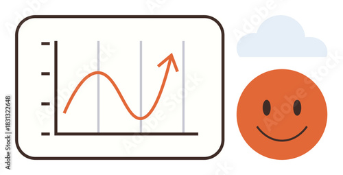 Upward graph on chart alongside smiling face and cloud symbol. Ideal for success, growth, optimism, achievement, positivity, business progress, motivation themes. Clean flat metaphor