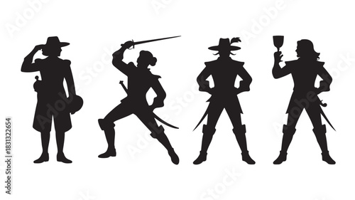 Silhouette set of musketeers historical characters with swords and hats vector illustration isolated on white background