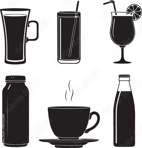 High-contrast black beverage silhouette collection on pure white background featuring tea cup, coffee mug, juice glass, cocktail, milk bottle, energy drink can in clean minimal vector style