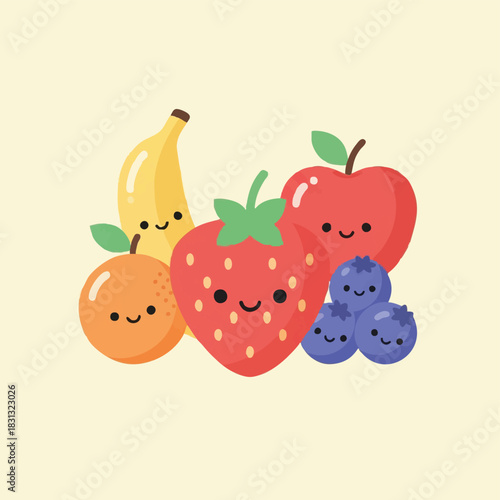 A cheerful illustration of various fruits, including a banana, orange, strawberry, apple, and blueberries, with cute smiling faces, perfect for healthy eating.