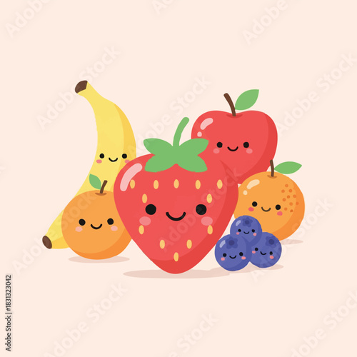 A cheerful illustration showcases various smiling fruits, including a banana, apple, strawberry, orange, and blueberries, on a soft pink background.