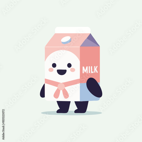 A charming cartoon milk carton character with a cheerful expression and cute design, perfect for food and beverage concepts.
