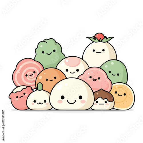 A delightful collection of adorable, smiling mochi characters, each with unique expressions and colors, creating a cheerful, sweet illustration.