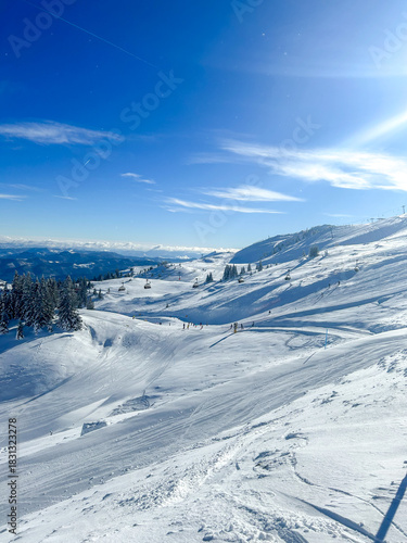 Olympic mountain Jahorina photographed on February 3, 2023. Shows ski slopes, chairlifts, and a snowy landscape during the winter sports season.