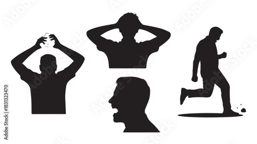 Silhouette of stressed man with hands on head shouting and running vector illustration for mental health and emotional distress concepts