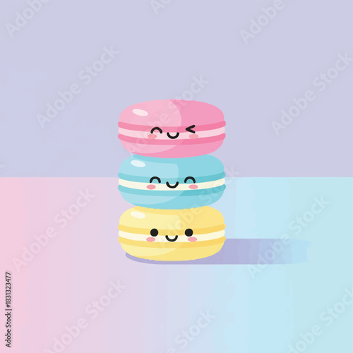 A stack of three colorful, smiling macarons, each with its own cheerful expression, against a pastel background.