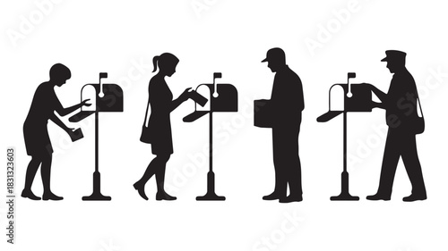 Silhouettes of people checking mailboxes vector illustration of postal service isolated on white background