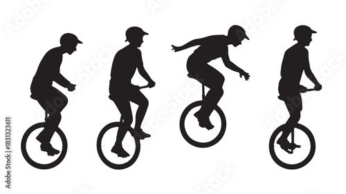 Silhouette of a man riding a unicycle showing different stages of balance and motion vector illustration on white background
