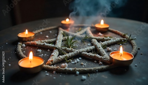 Pentagram with tealights, suitable for seasonal rituals, Yule, created with generative ai