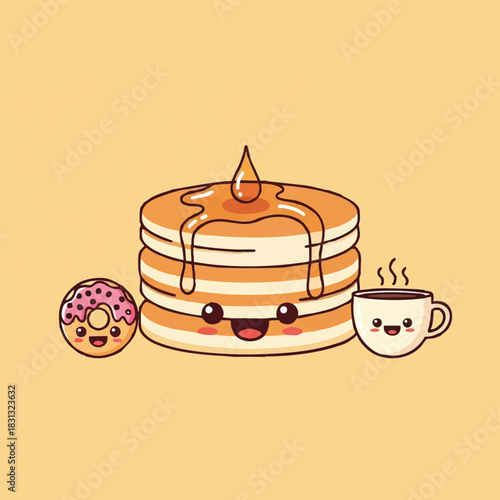 A cheerful stack of pancakes with syrup, a donut, and a cup of coffee, all with cute, smiling faces, on a light yellow background.