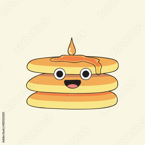 A stack of cheerful cartoon pancakes with syrup drizzling down, perfect for breakfast or a sweet treat, on a light background.