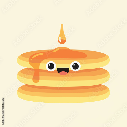 A stack of cheerful pancakes with syrup being poured on top, a delightful and appetizing illustration, perfect for breakfast themes and food-related designs.