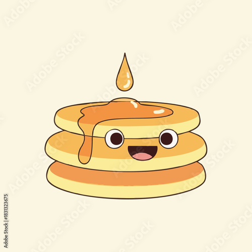 A cheerful stack of pancakes with a smiling face and syrup dripping down, perfect for breakfast or dessert, on a cream background.