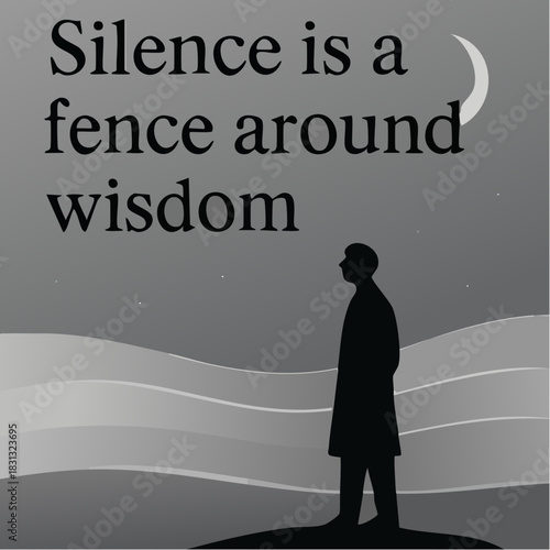 solitary silhouette and the wisdom of quiet: grayscale night scape with crescent moon and flowing terrain