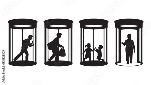 Silhouette vector illustration of people using revolving doors depicting entry and exit isolated on white background