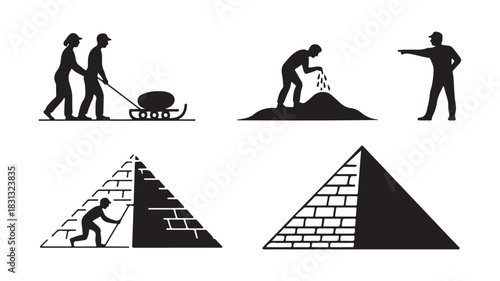 Egyptian pyramid construction vector illustration showing workers pushing stones building and supervising isolated on white background