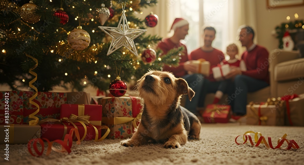 Obraz premium Dog looking up at christmas tree with family in background celebrating the holiday season together