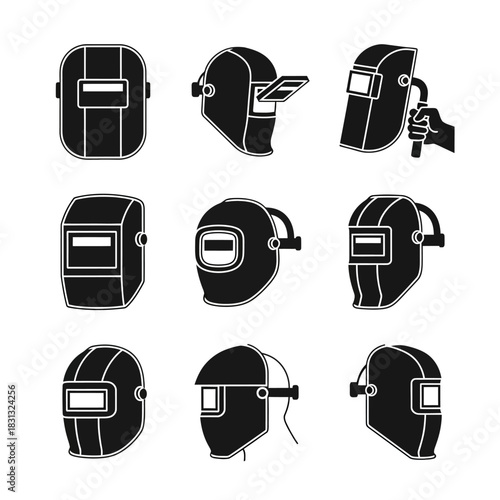 Black and white welding helmet icons featuring shield designs, protective visors, and safety gear.