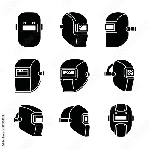 Welding helmets with reflective visors and safety shield designs for industrial protection themes.