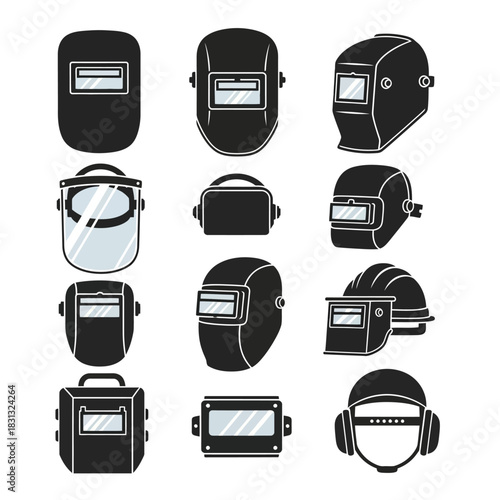 Protective welding equipment icons showing helmets, shields, visors, and industrial safety elements.