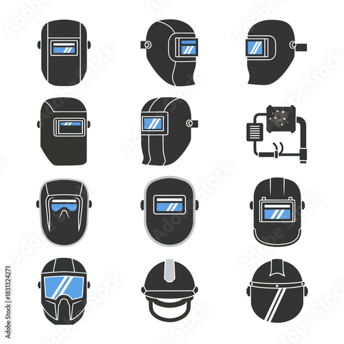 Welding helmet icon set with different visor styles and protective mask designs in solid black silhouette.