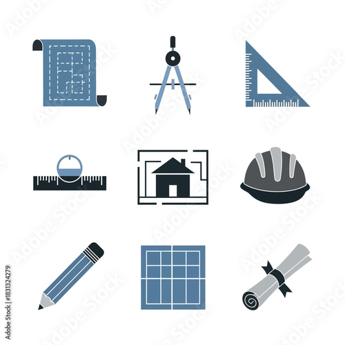 Architecture and drafting icon set featuring blueprints, compasses, rulers, buildings, helmets, pencils, grids, and rolled documents