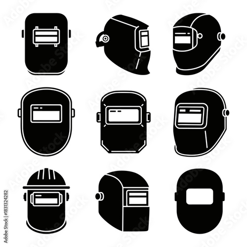 Black welding mask icons showing various helmet shapes, visors, shields, and protective gear for industrial safety.