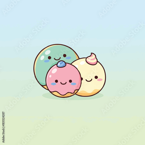 A charming illustration features three adorable, smiling mochi characters, each with unique pastel colors and sweet, inviting expressions on a gradient background.