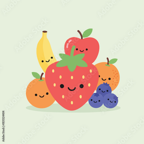 A cheerful illustration showcases a variety of smiling fruits, including a strawberry, apple, orange, banana, and blueberries, creating a bright and happy composition.