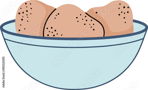 Freshly baked sweet bread rolls in a light blue ceramic bowl on a clean surface vector