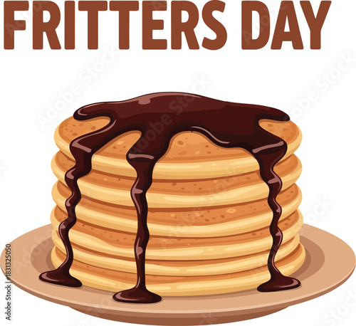 Delicious stack of golden pancakes topped with rich chocolate syrup celebration of fritters day vector