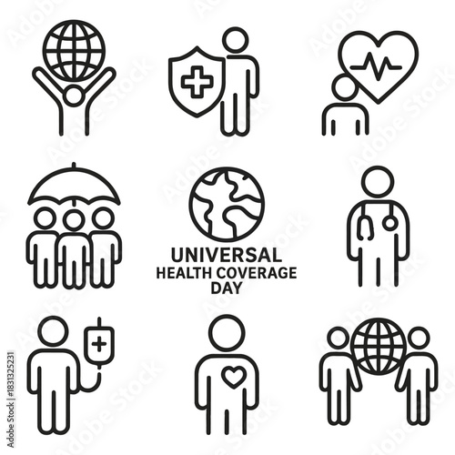 A comprehensive collection of outline (line art) icons centered around the theme of Universal Health Coverage (UHC) and healthcare access.