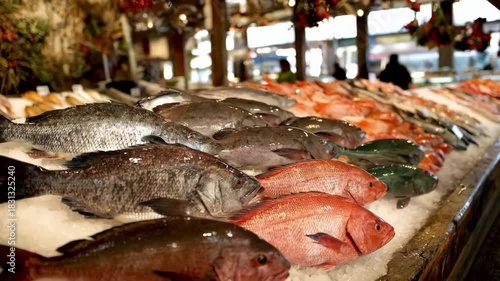 Outdoor fish display arrangement in a coastal market setting medium shot revealing a lively presentation of diverse fresh fish atop beds of ice with textured natural backdrops.