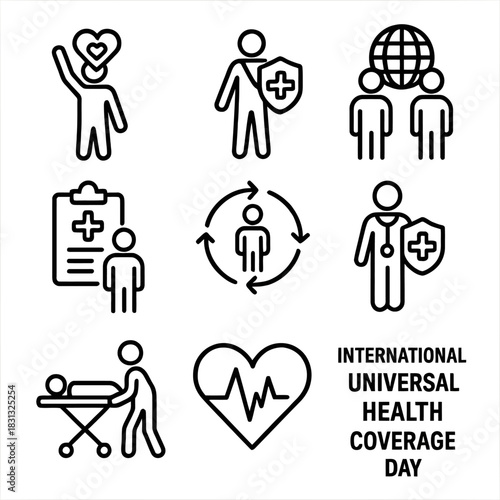 A comprehensive collection of outline (line art) icons centered around the theme of Universal Health Coverage (UHC) and healthcare access.