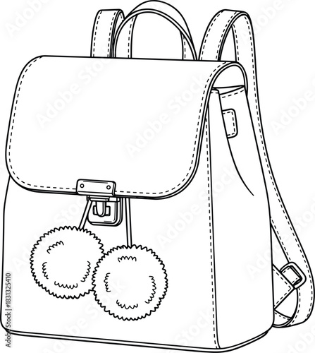 Fashionable women's mini backpack featuring front flap closure, buckle and hanging pom poms, cad drawing flat vector illustration