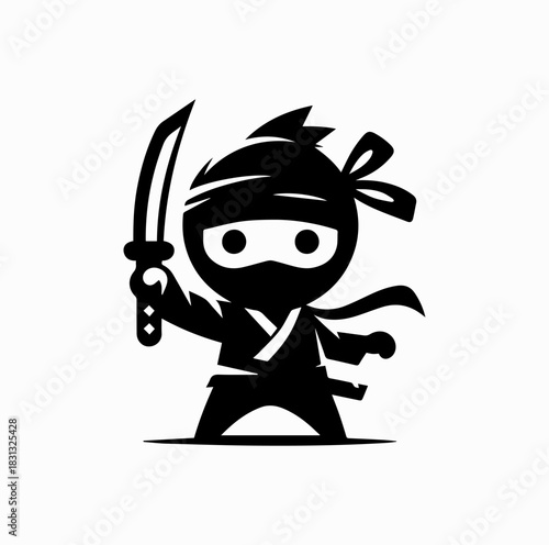 Chibi Ninja Silhouette with Katana in Action Pose