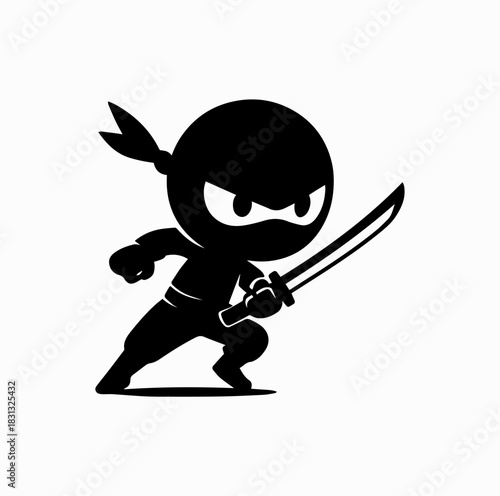 Chibi Ninja Silhouette with Katana in Action Pose
