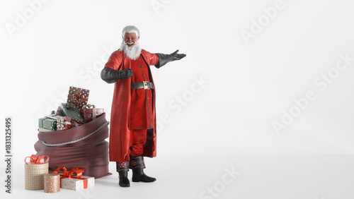 Santa Claus with Gift Bag and Christmas Presents on White Background
