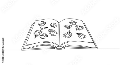 An open book with detailed sketches of various leaves and plants displayed in a botanical style, featuring vibrant colors and intricate designs on a transparent background.