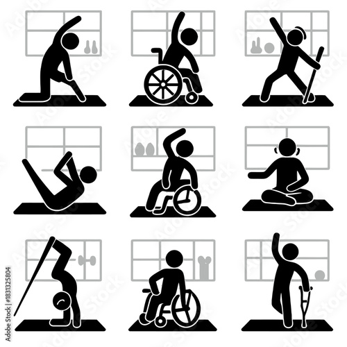 A collection of black silhouette icons depicting people with disabilities practicing yoga, stretching, and various adaptive fitness exercises.