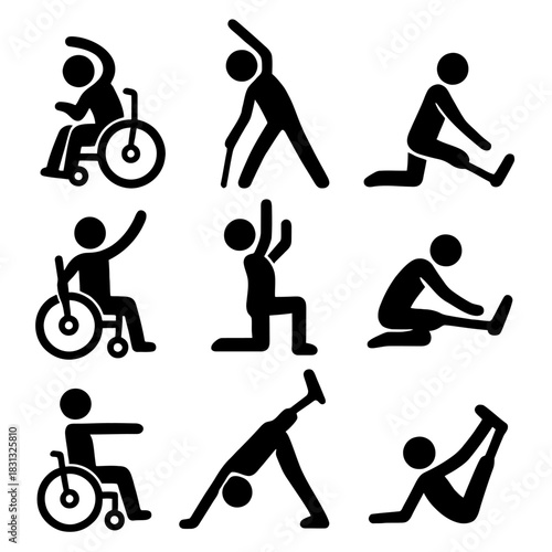 A collection of black silhouette icons depicting people with disabilities practicing yoga, stretching, and various adaptive fitness exercises.